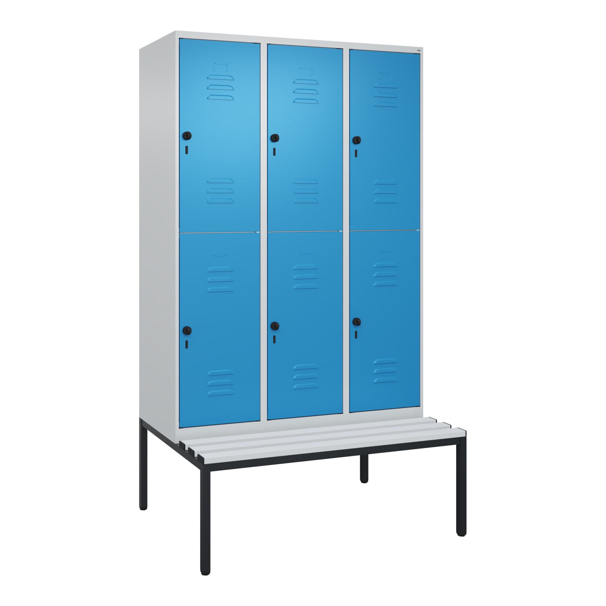 C+P Doppelstock-Spind Classic PLUS, Bank, 3 Abteile, 2120x1200x815mm, 7035/5012 Verschluss Sicherheits-Drehriegel Sitzbanktyp untergebaut Material Sit