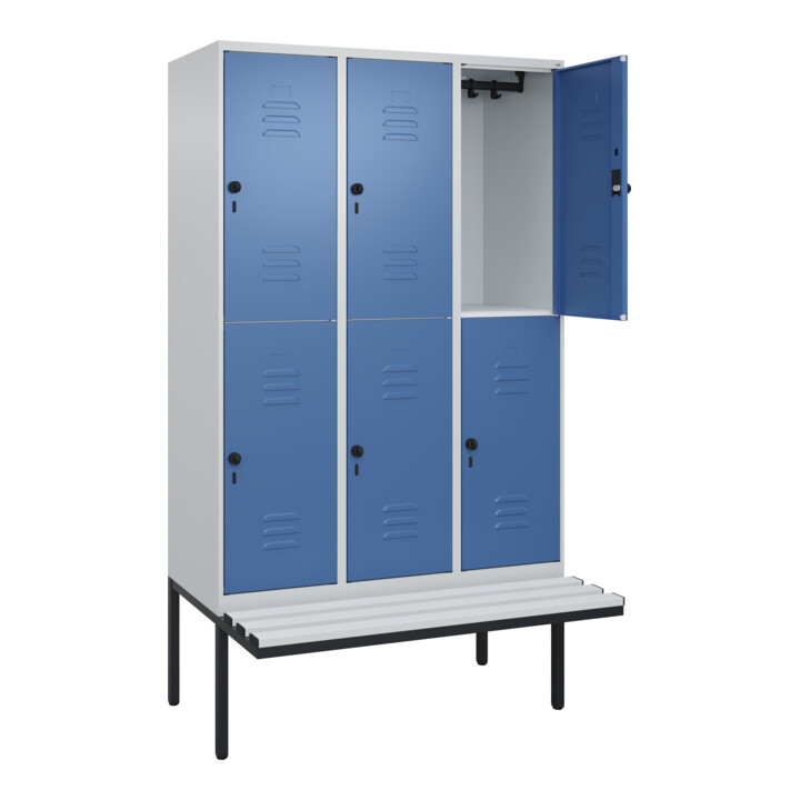 C+P Doppelstock-Spind Classic PLUS, Bank, 3 Abteile, 2120x1200x815mm, 7035/5023 Verschluss Sicherheits-Drehriegel Sitzbanktyp auskragend Material Sitzfläche Kunststoff