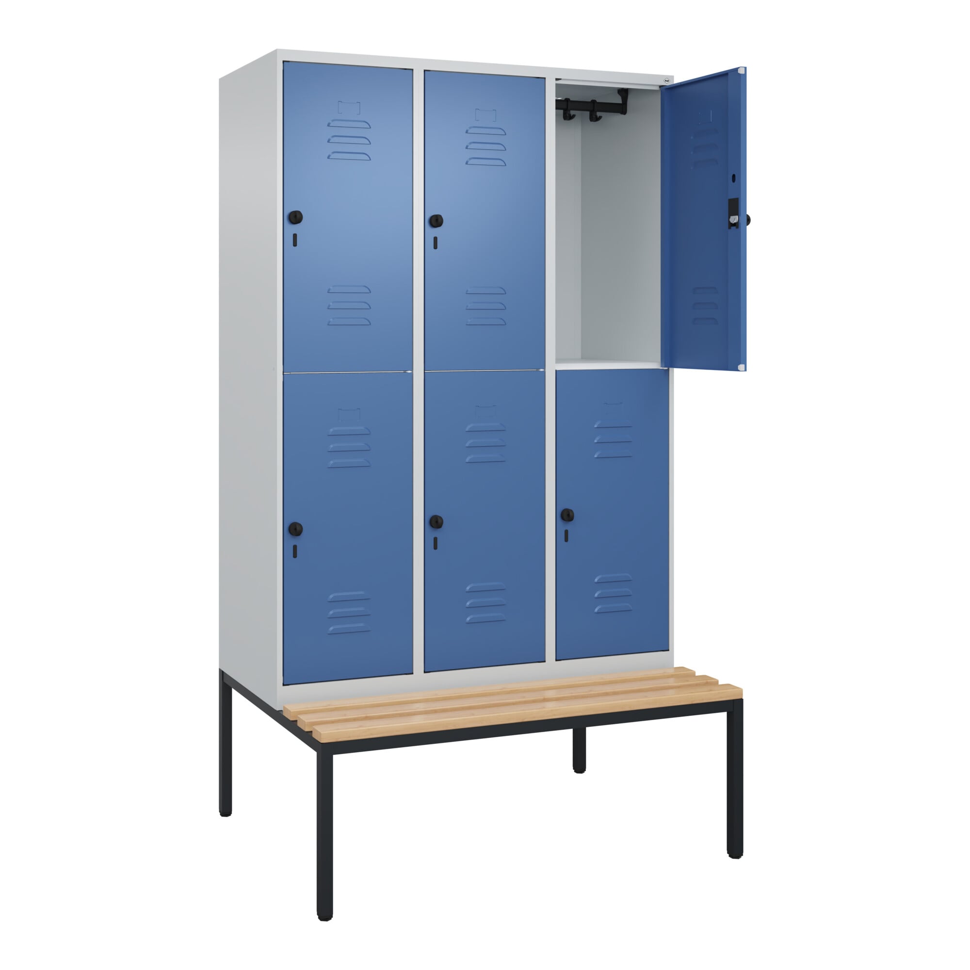 C+P Doppelstock-Spind Classic PLUS, Bank, 3 Abteile, 2120x1200x815mm, 7035/5023 Verschluss Sicherheits-Drehriegel Sitzbanktyp untergebaut Material Sit