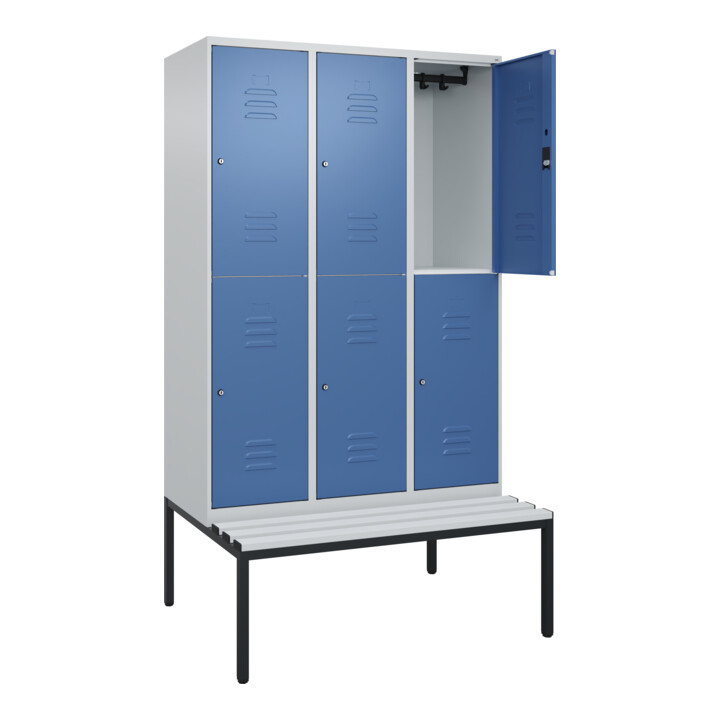 C+P Doppelstock-Spind Classic PLUS, Bank, 3 Abteile, 2120x1200x815mm, 7035/5023 Verschluss Zylinderschloss Sitzbanktyp untergebaut Material Sitzfläche Kunststoff