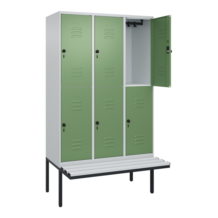 C+P Doppelstock-Spind Classic PLUS, Bank, 3 Abteile, 2120x1200x815mm, 7035/6011 Verschluss Sicherheits-Drehriegel Sitzbanktyp auskragend Material Sitzfläche Kunststoff