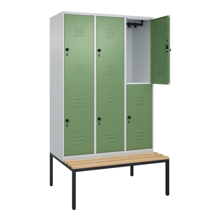 C+P Doppelstock-Spind Classic PLUS, Bank, 3 Abteile, 2120x1200x815mm, 7035/6011 Verschluss Sicherheits-Drehriegel Sitzbanktyp untergebaut Material Sitzfläche Buche-Hartholz