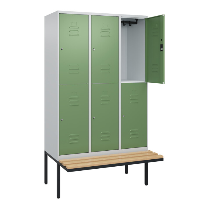 C+P Doppelstock-Spind Classic PLUS, Bank, 3 Abteile, 2120x1200x815mm, 7035/6011 Verschluss Zylinderschloss Sitzbanktyp auskragend Material Sitzfläche Buche-Hartholz