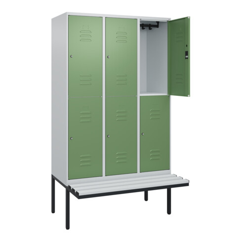 C+P Doppelstock-Spind Classic PLUS, Bank, 3 Abteile, 2120x1200x815mm, 7035/6011 Verschluss Zylinderschloss Sitzbanktyp auskragend Material Sitzfläche Kunststoff
