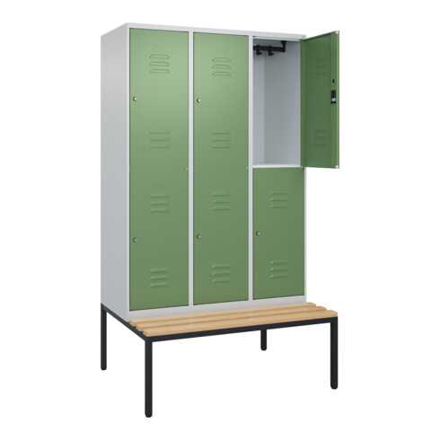 C+P Doppelstock-Spind Classic PLUS, Bank, 3 Abteile, 2120x1200x815mm, 7035/6011 Verschluss Zylinderschloss Sitzbanktyp untergebaut Material Sitzfläche Buche-Hartholz