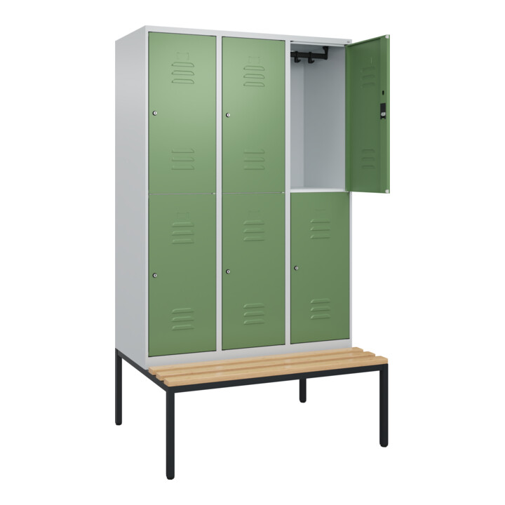 C+P Doppelstock-Spind Classic PLUS, Bank, 3 Abteile, 2120x1200x815mm, 7035/6011 Verschluss Zylinderschloss Sitzbanktyp untergebaut Material Sitzfläche Buche-Hartholz