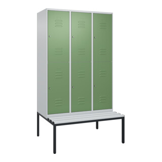 C+P Doppelstock-Spind Classic PLUS, Bank, 3 Abteile, 2120x1200x815mm, 7035/6011 Verschluss Zylinderschloss Sitzbanktyp untergebaut Material Sitzfläche Kunststoff