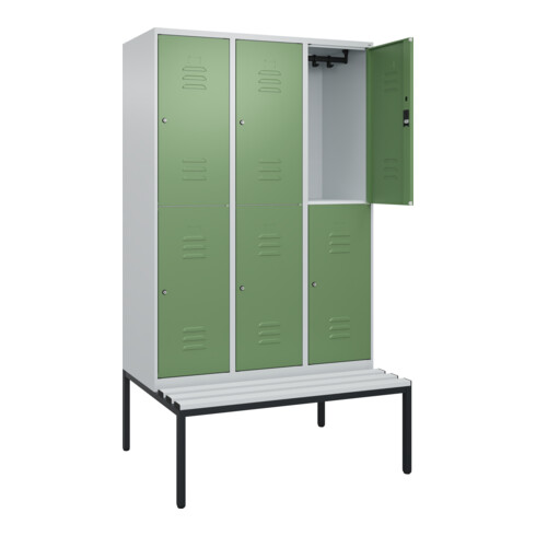 C+P Doppelstock-Spind Classic PLUS, Bank, 3 Abteile, 2120x1200x815mm, 7035/6011 Verschluss Zylinderschloss Sitzbanktyp untergebaut Material Sitzfläche Kunststoff