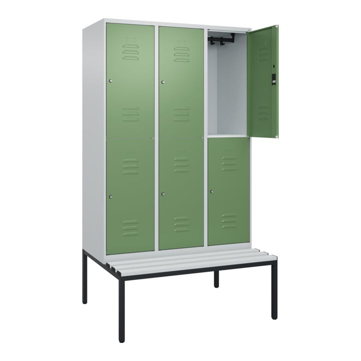 C+P Doppelstock-Spind Classic PLUS, Bank, 3 Abteile, 2120x1200x815mm, 7035/6011 Verschluss Zylinderschloss Sitzbanktyp untergebaut Material Sitzfläche Kunststoff
