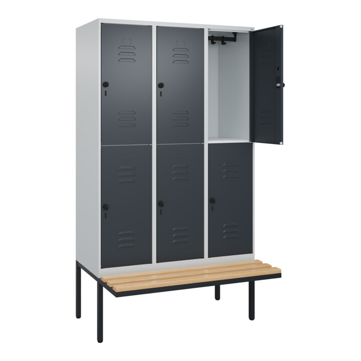 C+P Doppelstock-Spind Classic PLUS, Bank, 3 Abteile, 2120x1200x815mm, 7035/7016 Verschluss Sicherheits-Drehriegel Sitzbanktyp auskragend Material Sitzfläche Buche-Hartholz
