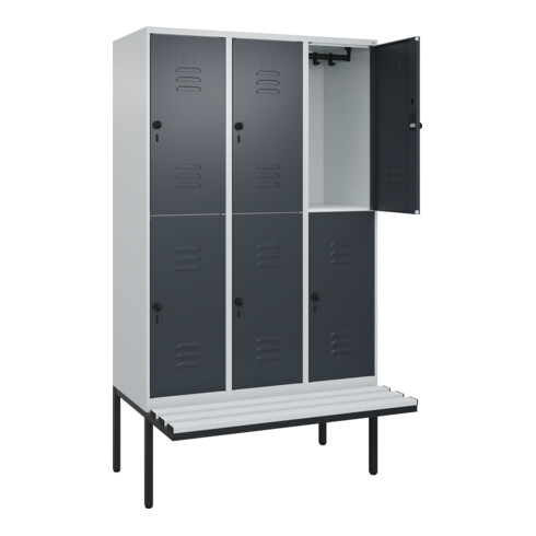 C+P Doppelstock-Spind Classic PLUS, Bank, 3 Abteile, 2120x1200x815mm, 7035/7016 Verschluss Sicherheits-Drehriegel Sitzbanktyp auskragend Material Sitzfläche Kunststoff