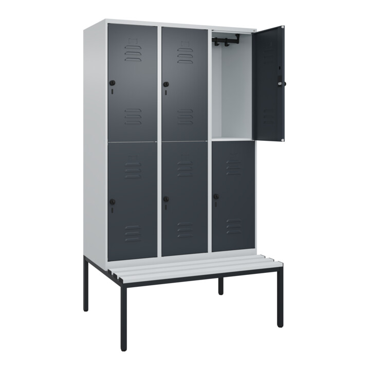 C+P Doppelstock-Spind Classic PLUS, Bank, 3 Abteile, 2120x1200x815mm, 7035/7016 Verschluss Sicherheits-Drehriegel Sitzbanktyp untergebaut Material Sitzfläche Kunststoff