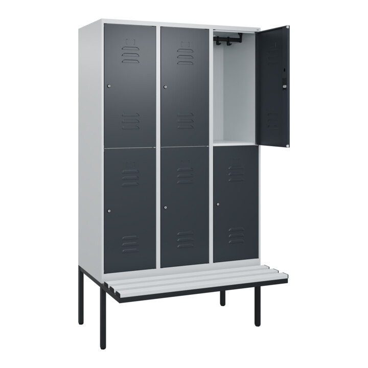 C+P Doppelstock-Spind Classic PLUS, Bank, 3 Abteile, 2120x1200x815mm, 7035/7016 Verschluss Zylinderschloss Sitzbanktyp auskragend Material Sitzfläche Kunststoff