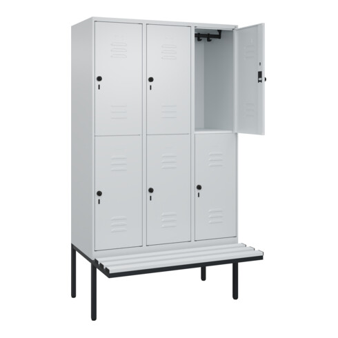 C+P Doppelstock-Spind Classic PLUS, Bank, 3 Abteile, 2120x1200x815mm, 7035/7035 Verschluss Sicherheits-Drehriegel Sitzbanktyp auskragend Material Sitzfläche Kunststoff