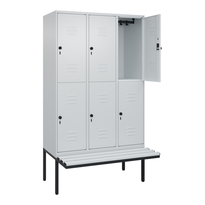 C+P Doppelstock-Spind Classic PLUS, Bank, 3 Abteile, 2120x1200x815mm, 7035/7035 Verschluss Sicherheits-Drehriegel Sitzbanktyp auskragend Material Sitzfläche Kunststoff