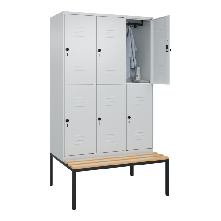 C+P Doppelstock-Spind Classic PLUS, Bank, 3 Abteile, 2120x1200x815mm, 7035/7035 Verschluss Sicherheits-Drehriegel Sitzbanktyp untergebaut Material Sitzfläche Buche-Hartholz
