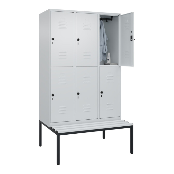 C+P Doppelstock-Spind Classic PLUS, Bank, 3 Abteile, 2120x1200x815mm, 7035/7035 Verschluss Sicherheits-Drehriegel Sitzbanktyp untergebaut Material Sitzfläche Kunststoff