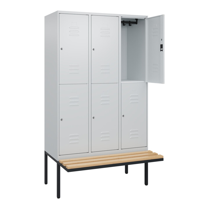 C+P Doppelstock-Spind Classic PLUS, Bank, 3 Abteile, 2120x1200x815mm, 7035/7035 Verschluss Zylinderschloss Sitzbanktyp auskragend Material Sitzfläche Buche-Hartholz