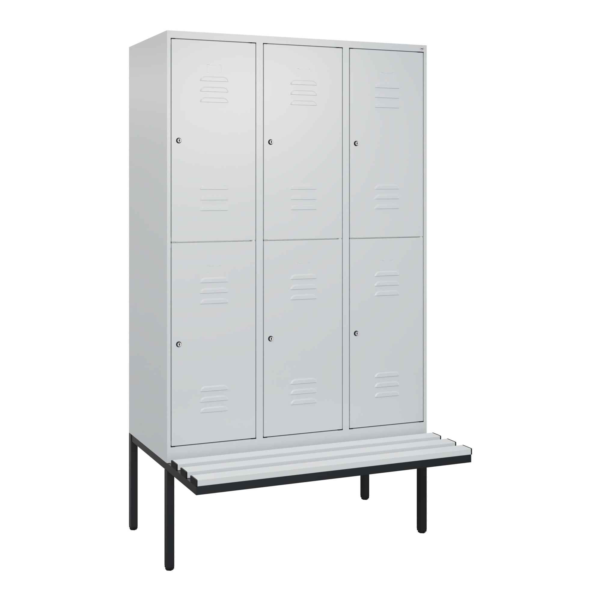 C+P Doppelstock-Spind Classic PLUS, Bank, 3 Abteile, 2120x1200x815mm, 7035/7035 Verschluss Zylinderschloss Sitzbanktyp auskragend Material Sitzfläche