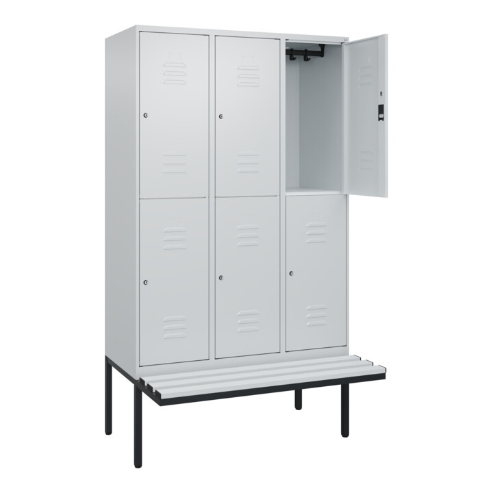 C+P Doppelstock-Spind Classic PLUS, Bank, 3 Abteile, 2120x1200x815mm, 7035/7035 Verschluss Zylinderschloss Sitzbanktyp auskragend Material Sitzfläche Kunststoff