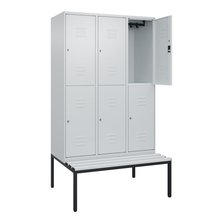 C+P Doppelstock-Spind Classic PLUS, Bank, 3 Abteile, 2120x1200x815mm, 7035/7035 Verschluss Zylinderschloss Sitzbanktyp untergebaut Material Sitzfläche Kunststoff