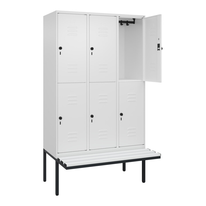 C+P Doppelstock-Spind Classic PLUS, Bank, 3 Abteile, 2120x1200x815mm, 9016/9016 Verschluss Sicherheits-Drehriegel Sitzbanktyp auskragend Material Sitzfläche Kunststoff
