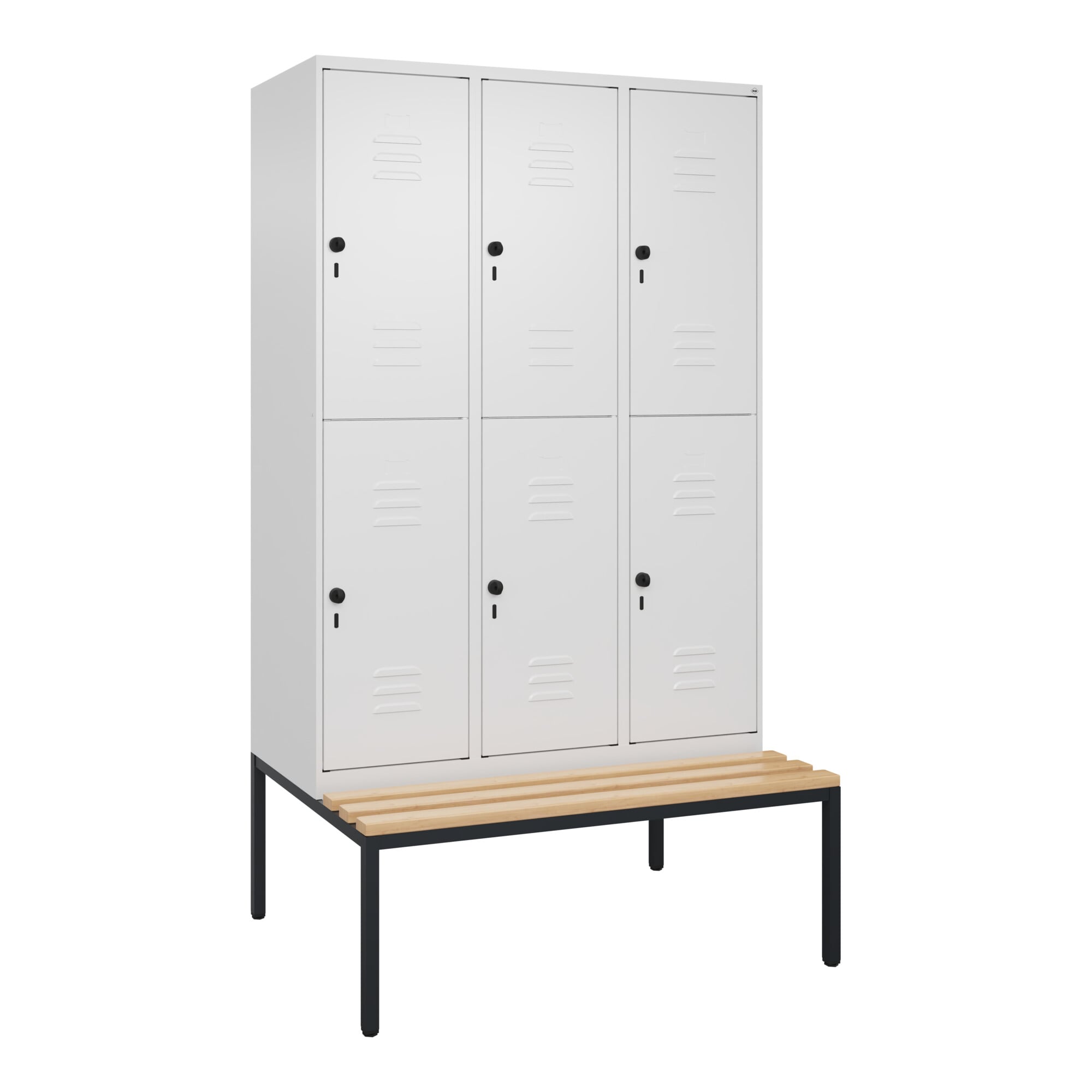 C+P Doppelstock-Spind Classic PLUS, Bank, 3 Abteile, 2120x1200x815mm, 9016/9016 Verschluss Sicherheits-Drehriegel Sitzbanktyp untergebaut Material Sit