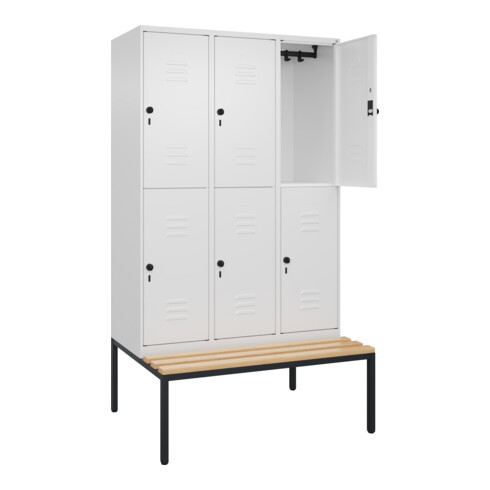 C+P Doppelstock-Spind Classic PLUS, Bank, 3 Abteile, 2120x1200x815mm, 9016/9016 Verschluss Sicherheits-Drehriegel Sitzbanktyp untergebaut Material Sitzfläche Buche-Hartholz