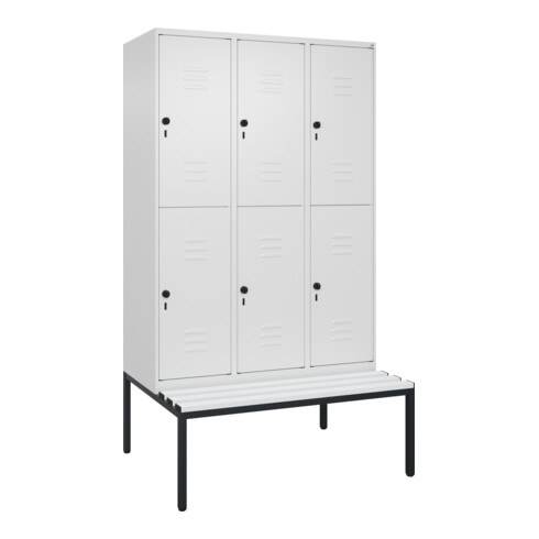 C+P Doppelstock-Spind Classic PLUS, Bank, 3 Abteile, 2120x1200x815mm, 9016/9016 Verschluss Sicherheits-Drehriegel Sitzbanktyp untergebaut Material Sitzfläche Kunststoff