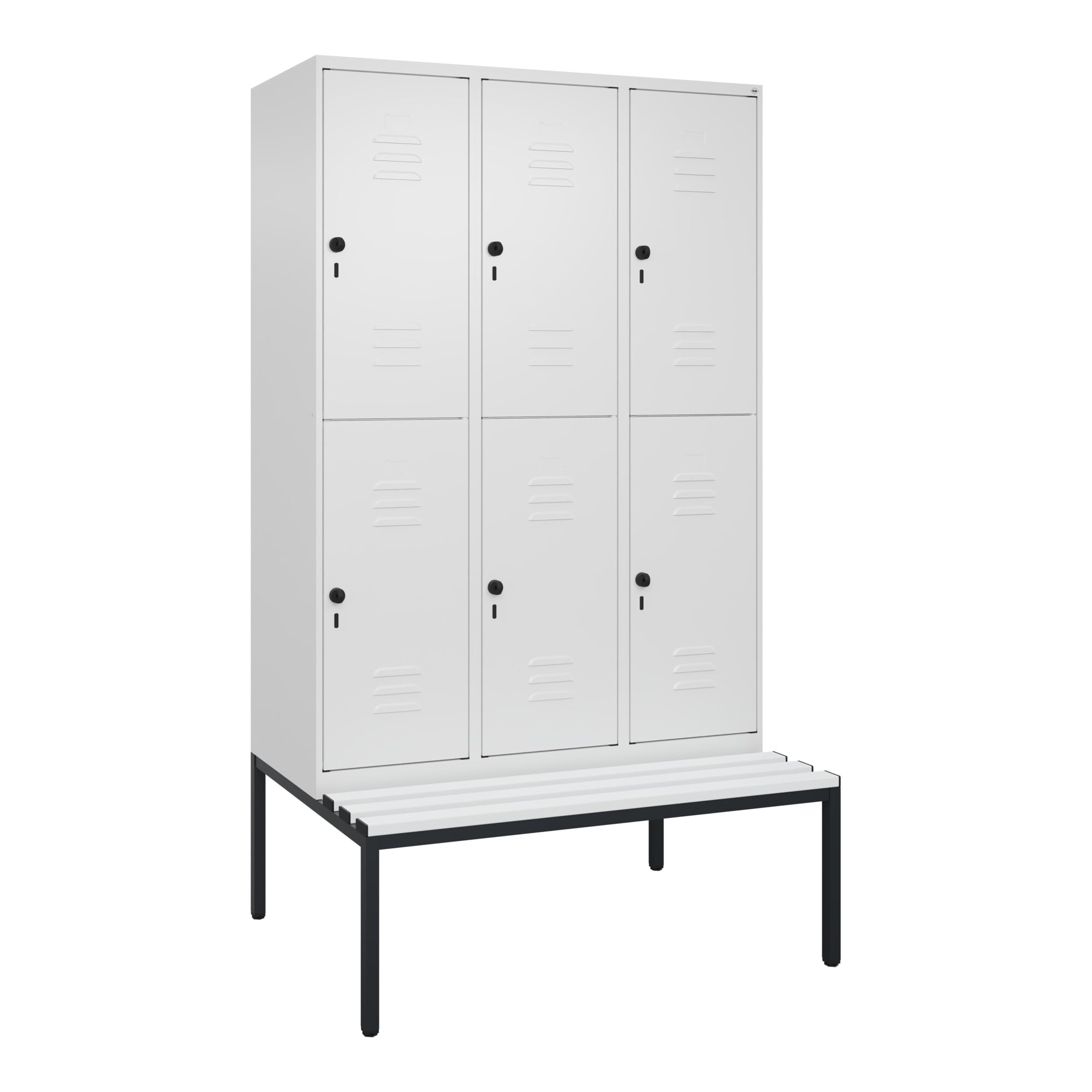C+P Doppelstock-Spind Classic PLUS, Bank, 3 Abteile, 2120x1200x815mm, 9016/9016 Verschluss Sicherheits-Drehriegel Sitzbanktyp untergebaut Material Sit