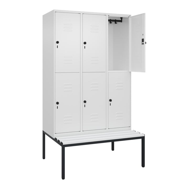 C+P Doppelstock-Spind Classic PLUS, Bank, 3 Abteile, 2120x1200x815mm, 9016/9016 Verschluss Sicherheits-Drehriegel Sitzbanktyp untergebaut Material Sitzfläche Kunststoff