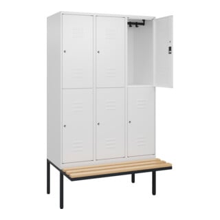 C+P Doppelstock-Spind Classic PLUS, Bank, 3 Abteile, 2120x1200x815mm, 9016/9016 Verschluss Zylinderschloss Sitzbanktyp auskragend Material Sitzfläche Buche-Hartholz