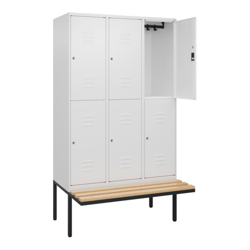 C+P Doppelstock-Spind Classic PLUS, Bank, 3 Abteile, 2120x1200x815mm, 9016/9016 Verschluss Zylinderschloss Sitzbanktyp auskragend Material Sitzfläche Buche-Hartholz