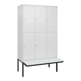 C+P Doppelstock-Spind Classic PLUS, Bank, 3 Abteile, 2120x1200x815mm, 9016/9016 Verschluss Zylinderschloss Sitzbanktyp auskragend Material Sitzfläche Kunststoff