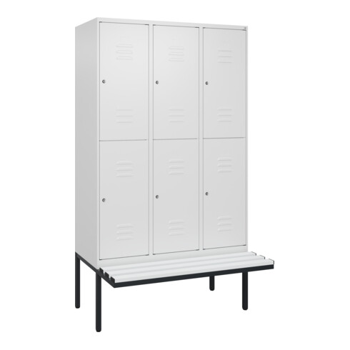C+P Doppelstock-Spind Classic PLUS, Bank, 3 Abteile, 2120x1200x815mm, 9016/9016 Verschluss Zylinderschloss Sitzbanktyp auskragend Material Sitzfläche Kunststoff
