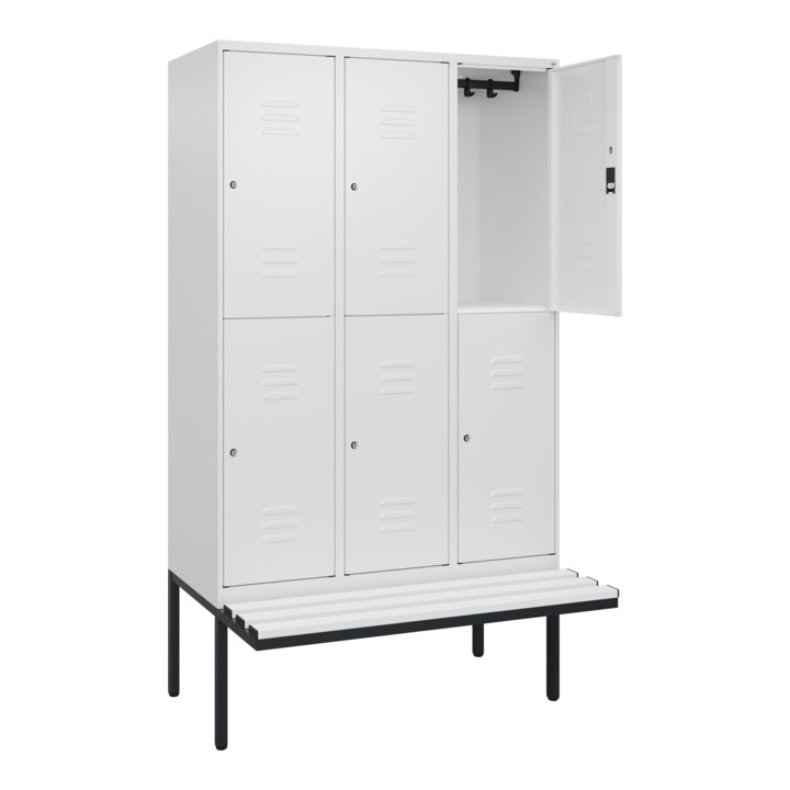 C+P Doppelstock-Spind Classic PLUS, Bank, 3 Abteile, 2120x1200x815mm, 9016/9016 Verschluss Zylinderschloss Sitzbanktyp auskragend Material Sitzfläche Kunststoff