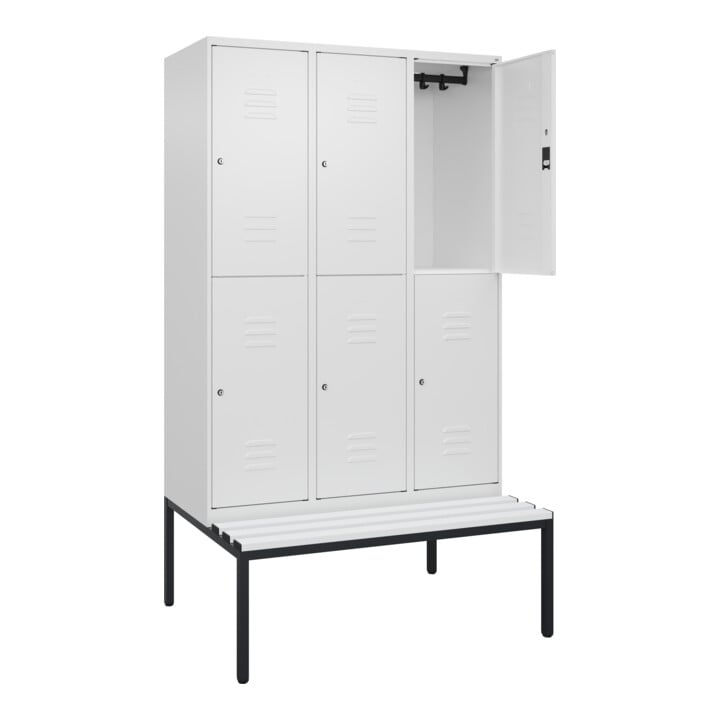 C+P Doppelstock-Spind Classic PLUS, Bank, 3 Abteile, 2120x1200x815mm, 9016/9016 Verschluss Zylinderschloss Sitzbanktyp untergebaut Material Sitzfläche Kunststoff