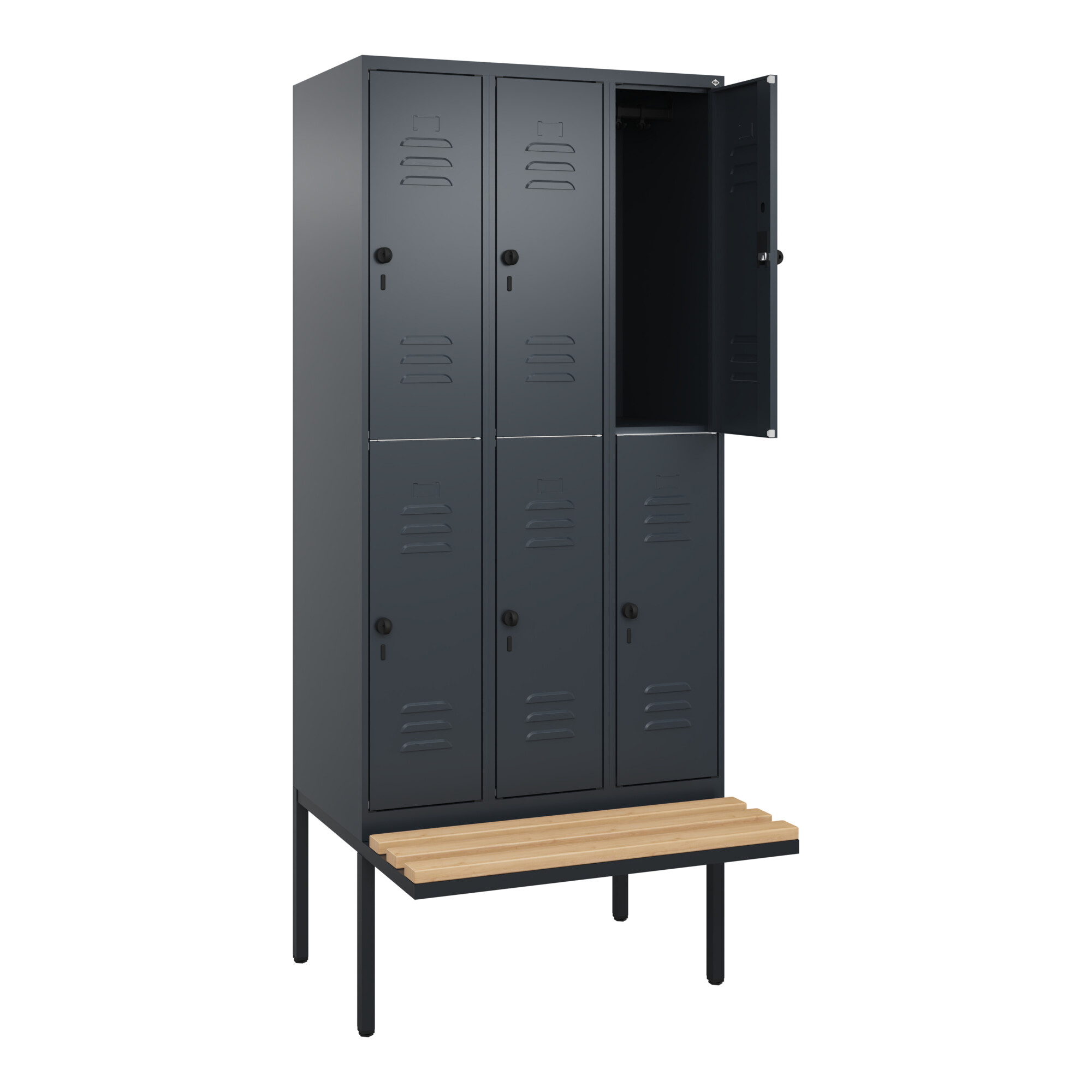 C+P Doppelstock-Spind Classic PLUS, Bank, 3 Abteile, 2120x900x815mm, 7016/7016 Verschluss Sicherheits-Drehriegel Sitzbanktyp auskragend Material Sitzf