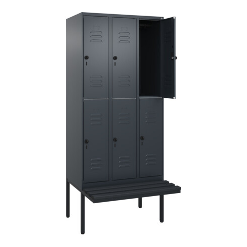 C+P Doppelstock-Spind Classic PLUS, Bank, 3 Abteile, 2120x900x815mm, 7016/7016 Verschluss Sicherheits-Drehriegel Sitzbanktyp auskragend Material Sitzfläche Kunststoff