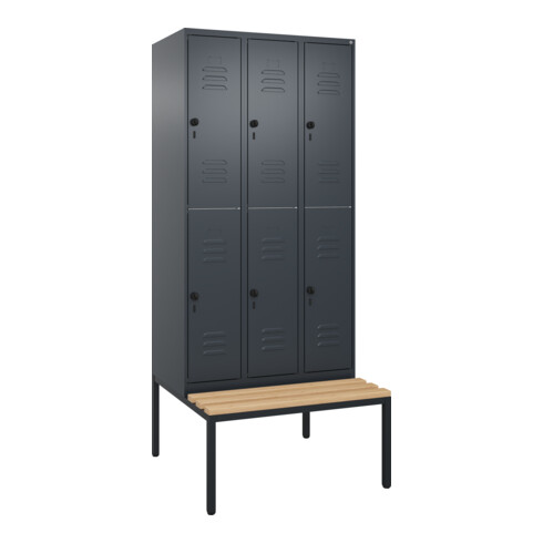 C+P Doppelstock-Spind Classic PLUS, Bank, 3 Abteile, 2120x900x815mm, 7016/7016 Verschluss Sicherheits-Drehriegel Sitzbanktyp untergebaut Material Sitzfläche Buche-Hartholz