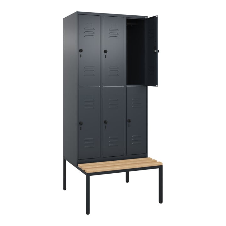 C+P Doppelstock-Spind Classic PLUS, Bank, 3 Abteile, 2120x900x815mm, 7016/7016 Verschluss Sicherheits-Drehriegel Sitzbanktyp untergebaut Material Sitzfläche Buche-Hartholz
