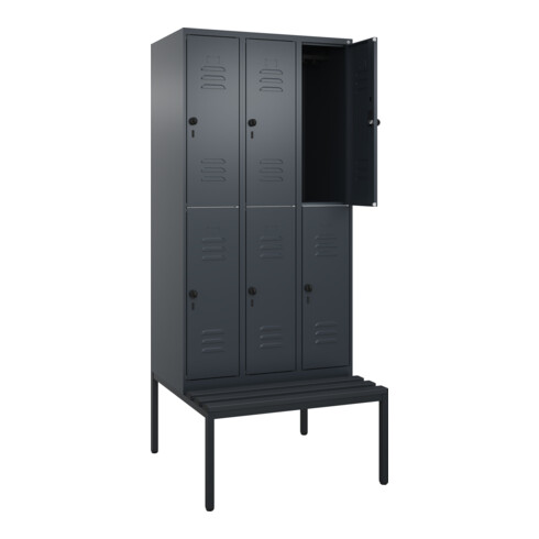C+P Doppelstock-Spind Classic PLUS, Bank, 3 Abteile, 2120x900x815mm, 7016/7016 Verschluss Sicherheits-Drehriegel Sitzbanktyp untergebaut Material Sitzfläche Kunststoff