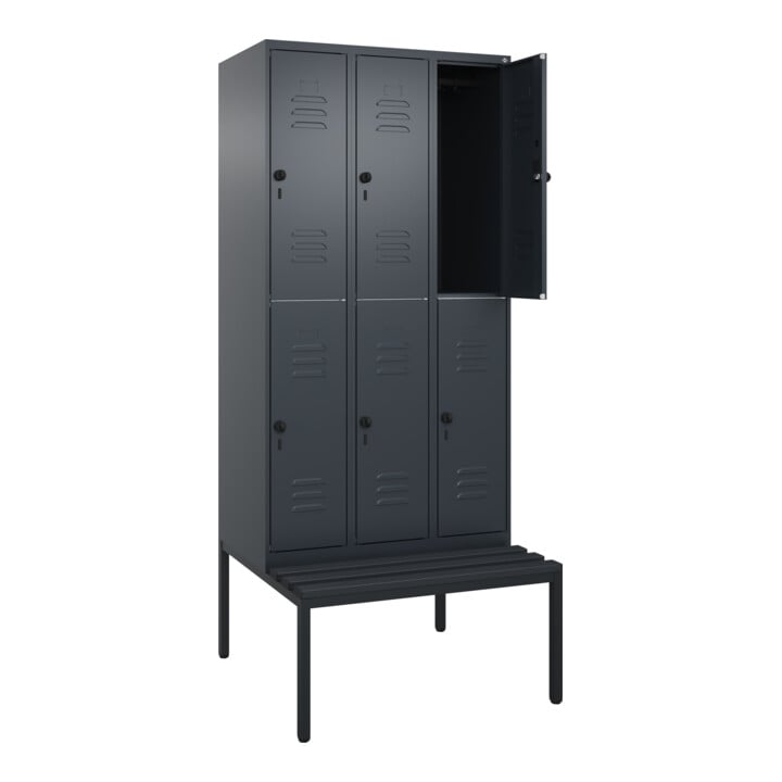 C+P Doppelstock-Spind Classic PLUS, Bank, 3 Abteile, 2120x900x815mm, 7016/7016 Verschluss Sicherheits-Drehriegel Sitzbanktyp untergebaut Material Sitzfläche Kunststoff