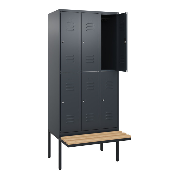 C+P Doppelstock-Spind Classic PLUS, Bank, 3 Abteile, 2120x900x815mm, 7016/7016 Verschluss Zylinderschloss Sitzbanktyp auskragend Material Sitzfläche Buche-Hartholz