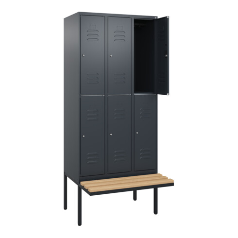 C+P Doppelstock-Spind Classic PLUS, Bank, 3 Abteile, 2120x900x815mm, 7016/7016 Verschluss Zylinderschloss Sitzbanktyp auskragend Material Sitzfläche Buche-Hartholz
