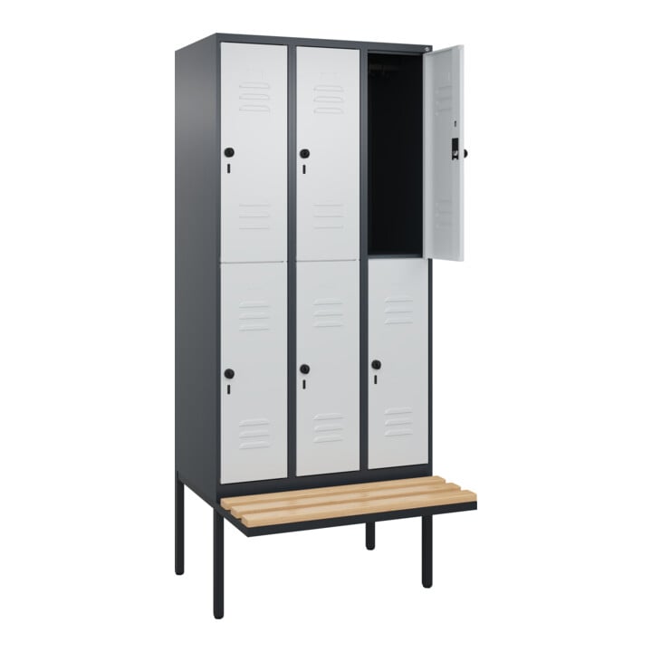 C+P Doppelstock-Spind Classic PLUS, Bank, 3 Abteile, 2120x900x815mm, 7016/7035 Verschluss Sicherheits-Drehriegel Sitzbanktyp auskragend Material Sitzfläche Buche-Hartholz