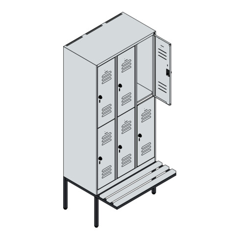 C+P Doppelstock-Spind Classic PLUS, Bank, 3 Abteile, 2120x900x815mm, 7016/7035 Verschluss Sicherheits-Drehriegel Sitzbanktyp auskragend Material Sitzfläche Buche-Hartholz