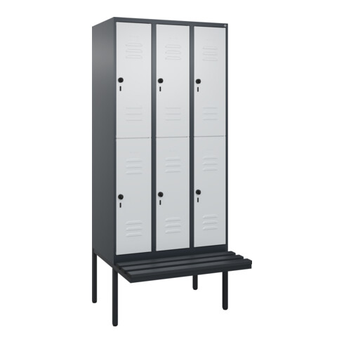 C+P Doppelstock-Spind Classic PLUS, Bank, 3 Abteile, 2120x900x815mm, 7016/7035 Verschluss Sicherheits-Drehriegel Sitzbanktyp auskragend Material Sitzfläche Kunststoff