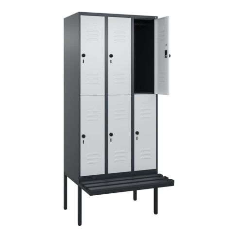C+P Doppelstock-Spind Classic PLUS, Bank, 3 Abteile, 2120x900x815mm, 7016/7035 Verschluss Sicherheits-Drehriegel Sitzbanktyp auskragend Material Sitzfläche Kunststoff