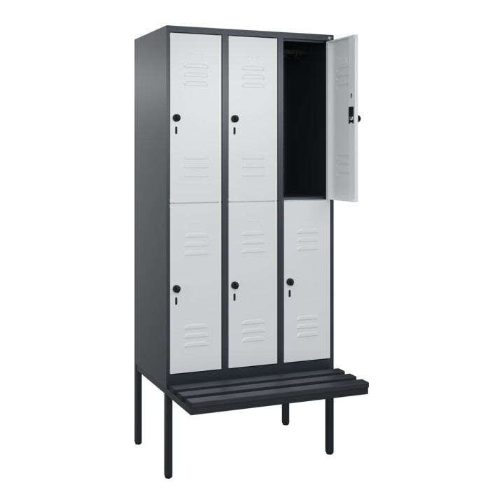 C+P Doppelstock-Spind Classic PLUS, Bank, 3 Abteile, 2120x900x815mm, 7016/7035 Verschluss Sicherheits-Drehriegel Sitzbanktyp auskragend Material Sitzfläche Kunststoff